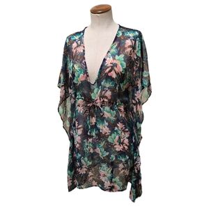 H&M Tropical Floral Print Semi-Sheer Cinch Waist Kimono Swim Cover-Up Dress XS-S